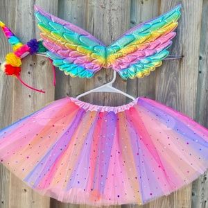 NEW 3PCS SET LED Unicorn Rainbow Sparkle 4 Layer Tutu Hairband Wings